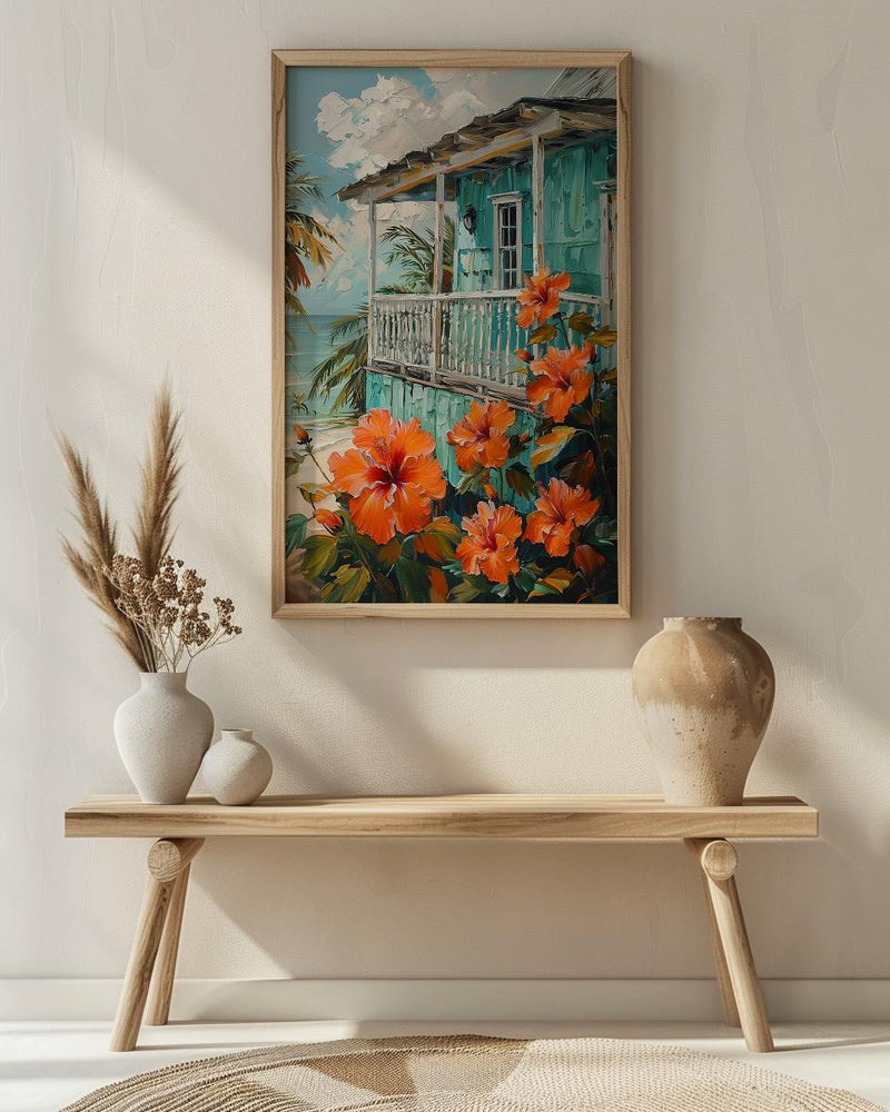 Caribbean Wall Art, Turquoise House Print, Hibiscus Flower, Impasto Oil Painting, Tropical Decor, Beach Cottage