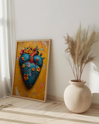 Mexican Heart Art, Corazon Milagro, Folk Art Print, Impasto Oil Painting, Frida Style Decor, Colorful Wall Art, Sacred Heart