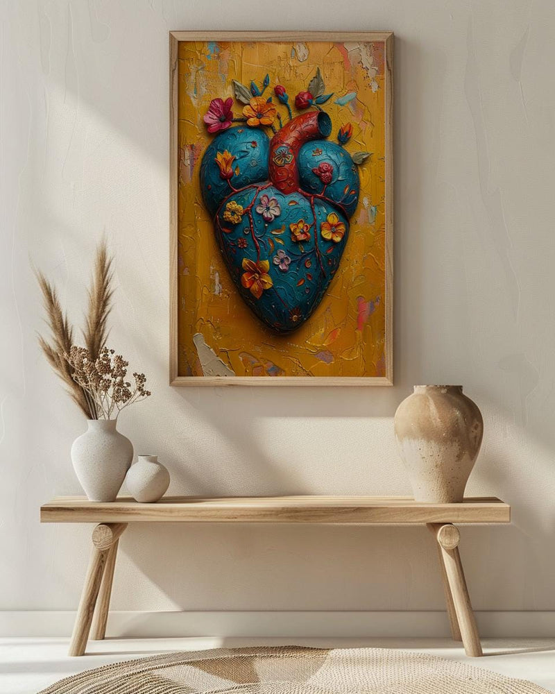 Mexican Heart Art, Corazon Milagro, Folk Art Print, Impasto Oil Painting, Frida Style Decor, Colorful Wall Art, Sacred Heart