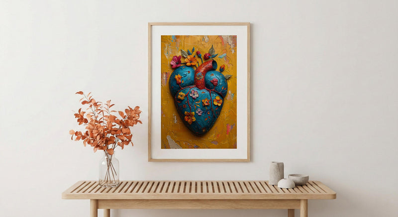 Mexican Heart Art, Corazon Milagro, Folk Art Print, Impasto Oil Painting, Frida Style Decor, Colorful Wall Art, Sacred Heart
