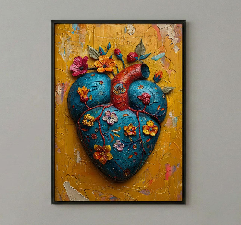Mexican Heart Art, Corazon Milagro, Folk Art Print, Impasto Oil Painting, Frida Style Decor, Colorful Wall Art, Sacred Heart