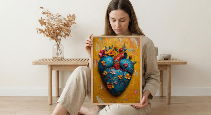 Mexican Heart Art, Corazon Milagro, Folk Art Print, Impasto Oil Painting, Frida Style Decor, Colorful Wall Art, Sacred Heart