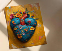 Mexican Heart Art, Corazon Milagro, Folk Art Print, Impasto Oil Painting, Frida Style Decor, Colorful Wall Art, Sacred Heart