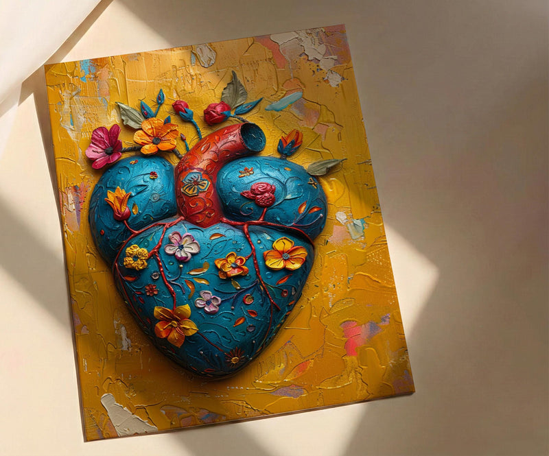Mexican Heart Art, Corazon Milagro, Folk Art Print, Impasto Oil Painting, Frida Style Decor, Colorful Wall Art, Sacred Heart