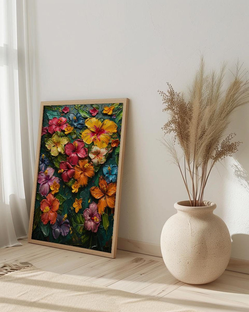 Tropical Heart Art, Jungle Flowers, Hibiscus Print, Impasto Oil Painting, Latin American Decor, Summer Vibes, Botanical Love