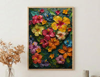 Tropical Heart Art, Jungle Flowers, Hibiscus Print, Impasto Oil Painting, Latin American Decor, Summer Vibes, Botanical Love