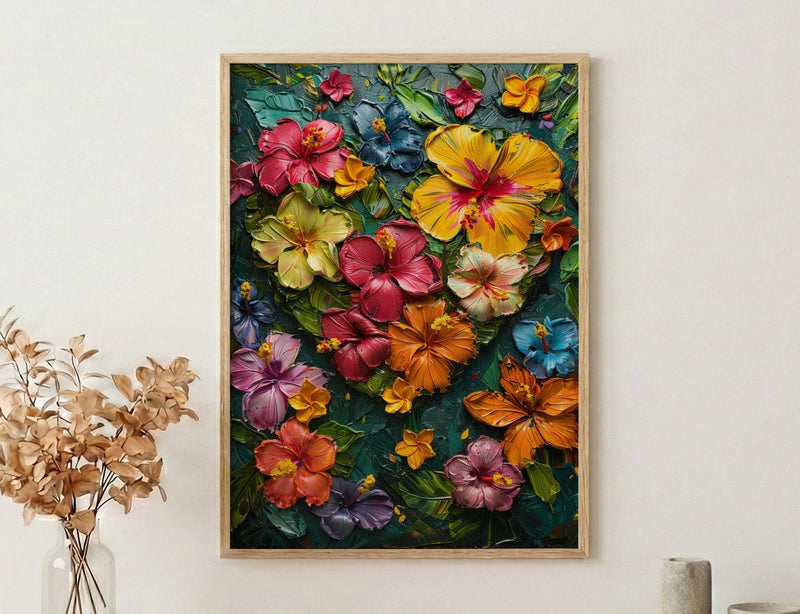 Tropical Heart Art, Jungle Flowers, Hibiscus Print, Impasto Oil Painting, Latin American Decor, Summer Vibes, Botanical Love