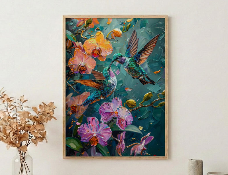 Hummingbird Art, Tropical Bird Print, Nature Romance, Impasto Oil Painting, Latin Wildlife, Colorful Decor, Bird Lover Gift