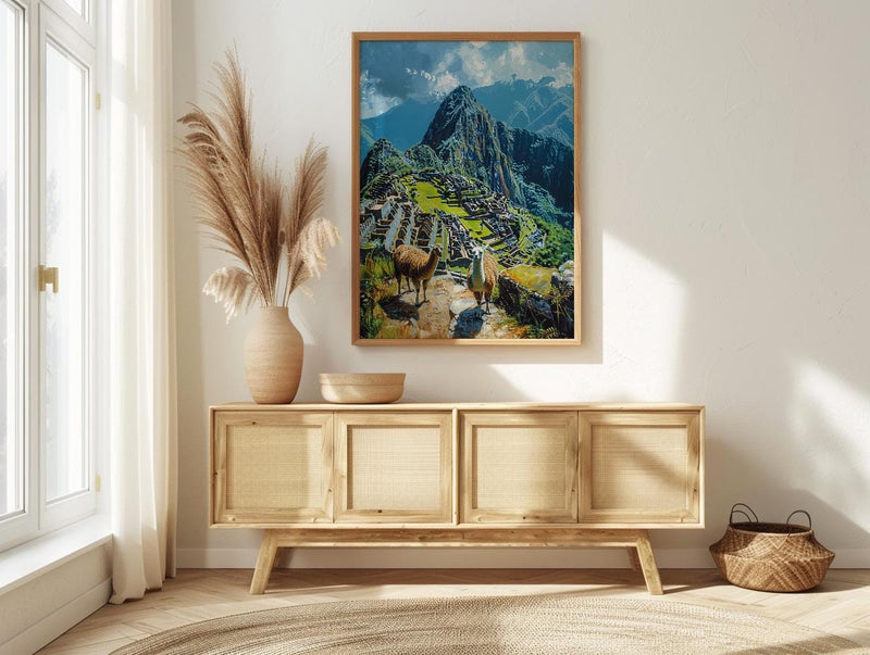Machu Picchu Art, Peru Travel Print, Llama Decor, Impasto Oil Painting, Ancient Ruins, Adventure Gift, Engagement Gift