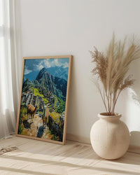 Machu Picchu Art, Peru Travel Print, Llama Decor, Impasto Oil Painting, Ancient Ruins, Adventure Gift, Engagement Gift