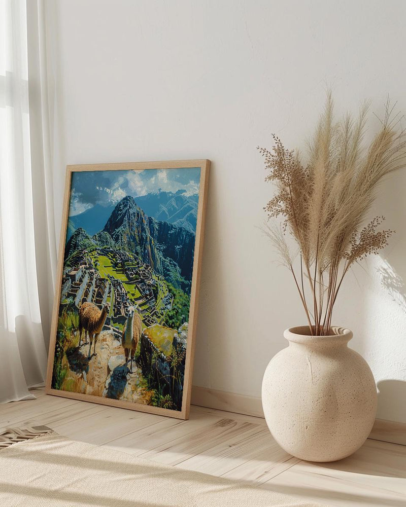 Machu Picchu Art, Peru Travel Print, Llama Decor, Impasto Oil Painting, Ancient Ruins, Adventure Gift, Engagement Gift