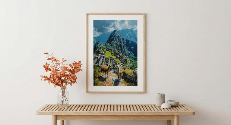 Machu Picchu Art, Peru Travel Print, Llama Decor, Impasto Oil Painting, Ancient Ruins, Adventure Gift, Engagement Gift