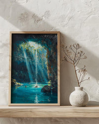 Cenote Art, Mexico Travel Print, Underwater Cave, Impasto Oil Painting, Blue Water Decor, Mystical Nature, Engagement Gift