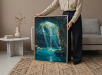 Cenote Art, Mexico Travel Print, Underwater Cave, Impasto Oil Painting, Blue Water Decor, Mystical Nature, Engagement Gift