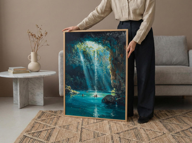 Cenote Art, Mexico Travel Print, Underwater Cave, Impasto Oil Painting, Blue Water Decor, Mystical Nature, Engagement Gift