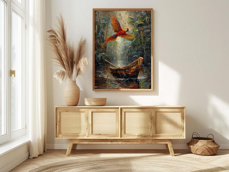 Amazon Jungle Art, River Boat Print, Rainforest Landscape, Impasto Oil Painting, Nature Adventure, Green Decor, Travel Lover Gift