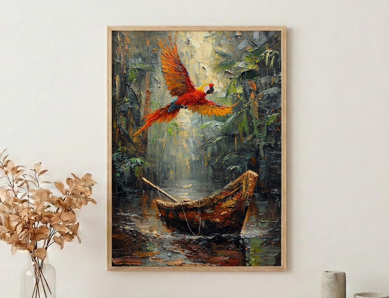 Amazon Jungle Art, River Boat Print, Rainforest Landscape, Impasto Oil Painting, Nature Adventure, Green Decor, Travel Lover Gift