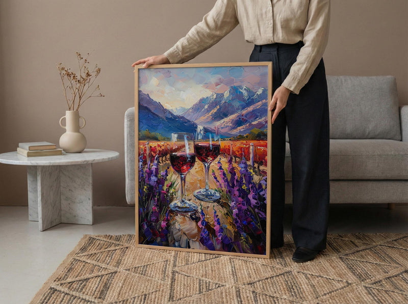 Wine Lover Art, Vineyard Landscape, Chile Travel Print, Impasto Oil Painting, Mountain View, Kitchen Decor, Travel Lover Gift