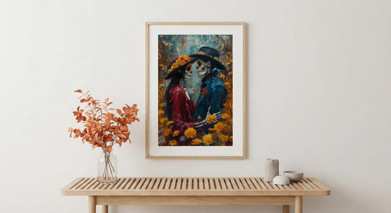 Day of the Dead Art, Skeleton Couple Print, Gothic Romance, Impasto Oil Painting, Mexican Decor, Marigold, Wedding Gift