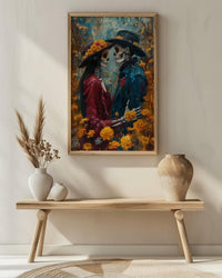 Day of the Dead Art, Skeleton Couple Print, Gothic Romance, Impasto Oil Painting, Mexican Decor, Marigold, Wedding Gift