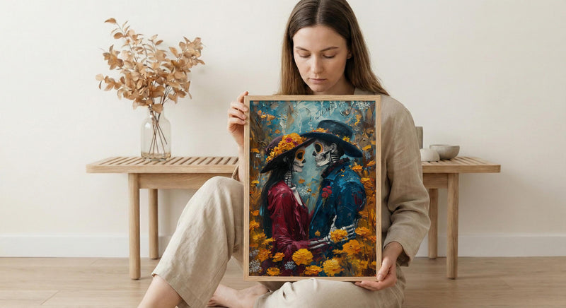 Day of the Dead Art, Skeleton Couple Print, Gothic Romance, Impasto Oil Painting, Mexican Decor, Marigold, Wedding Gift