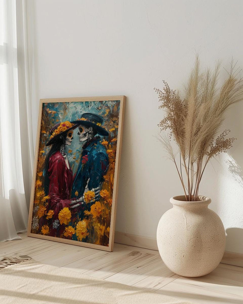 Day of the Dead Art, Skeleton Couple Print, Gothic Romance, Impasto Oil Painting, Mexican Decor, Marigold, Wedding Gift