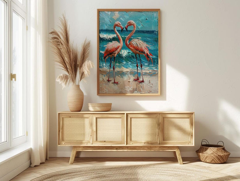 Flamingo Wall Art, Aruba Beach Print, Pink Bird Decor, Impasto Oil Painting, Tropical Paradise, Summer Gift, Wedding Gift