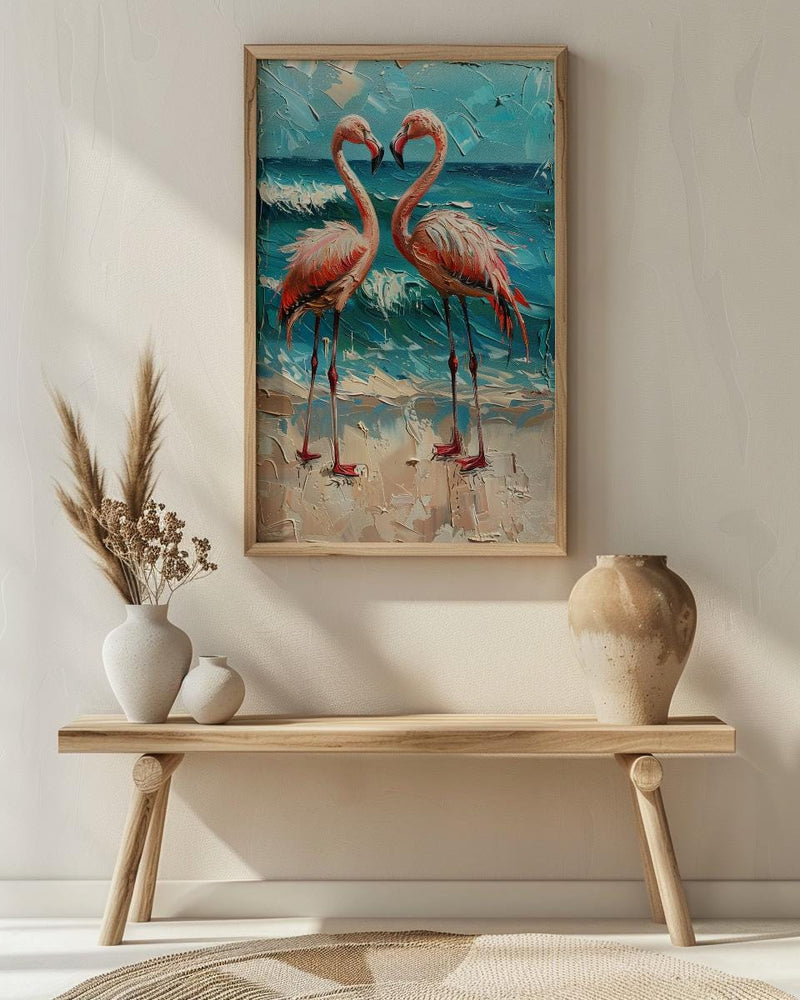 Flamingo Wall Art, Aruba Beach Print, Pink Bird Decor, Impasto Oil Painting, Tropical Paradise, Summer Gift, Wedding Gift