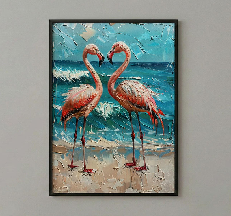 Flamingo Wall Art, Aruba Beach Print, Pink Bird Decor, Impasto Oil Painting, Tropical Paradise, Summer Gift, Wedding Gift