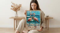 Flamingo Wall Art, Aruba Beach Print, Pink Bird Decor, Impasto Oil Painting, Tropical Paradise, Summer Gift, Wedding Gift