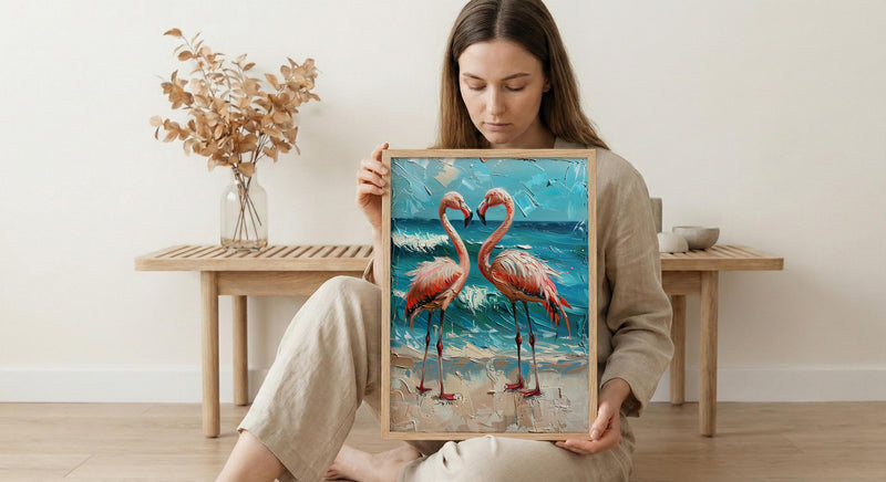 Flamingo Wall Art, Aruba Beach Print, Pink Bird Decor, Impasto Oil Painting, Tropical Paradise, Summer Gift, Wedding Gift