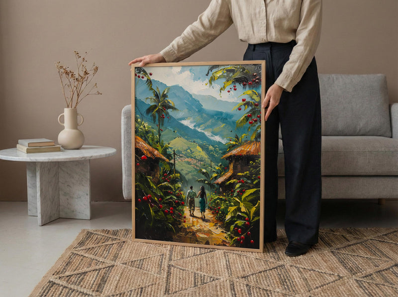 Coffee Farm Art, Colombia Landscape, Green Plantation, Impasto Oil Painting, Morning Mist, Kitchen Decor, Anniversary Gift