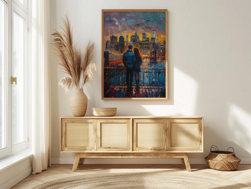 New York Wall Art, Brooklyn Bridge Couple Print, NYC Skyline Painting, Romantic Anniversary Gift, Urban City Decor