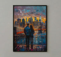 New York Wall Art, Brooklyn Bridge Couple Print, NYC Skyline Painting, Romantic Anniversary Gift, Urban City Decor
