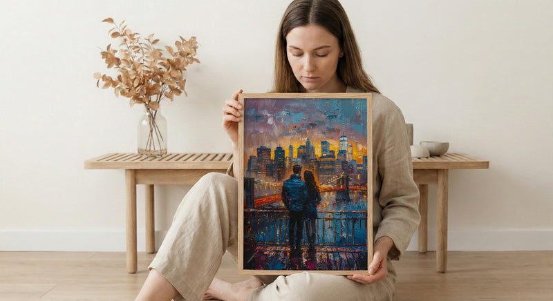 New York Wall Art, Brooklyn Bridge Couple Print, NYC Skyline Painting, Romantic Anniversary Gift, Urban City Decor