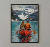 Canada Wall Art, Banff Lake Louise Print, Couple Canoe Painting, Turquoise Lake Landscape, Mountain Nature Decor