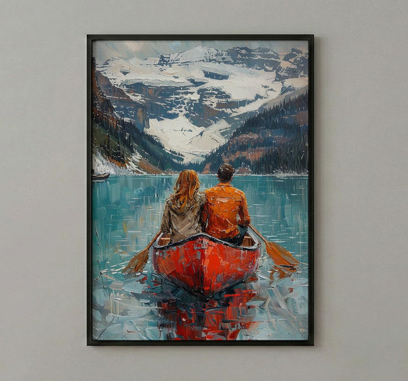 Canada Wall Art, Banff Lake Louise Print, Couple Canoe Painting, Turquoise Lake Landscape, Mountain Nature Decor