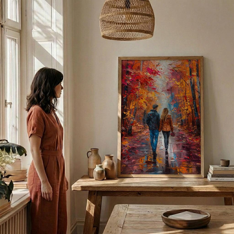 Autumn Wall Art, Vermont Fall Foliage Print, Romantic Couple Walking, Orange Season Painting, Cozy Home Decor