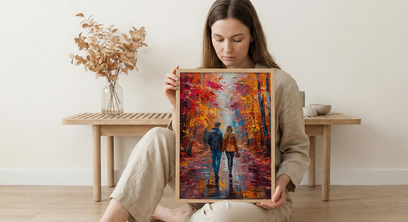 Autumn Wall Art, Vermont Fall Foliage Print, Romantic Couple Walking, Orange Season Painting, Cozy Home Decor