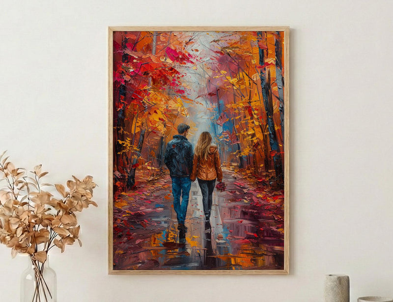 Autumn Wall Art, Vermont Fall Foliage Print, Romantic Couple Walking, Orange Season Painting, Cozy Home Decor