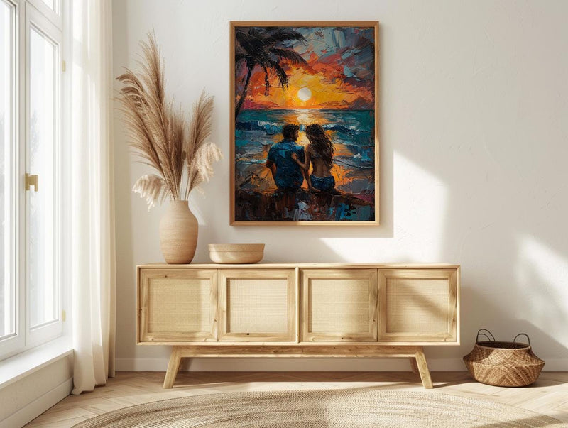 California Wall Art, Beach Sunset Couple Print, Ocean View Painting, Palm Tree Decor, Summer Vibe Art