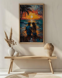 California Wall Art, Beach Sunset Couple Print, Ocean View Painting, Palm Tree Decor, Summer Vibe Art