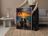 California Wall Art, Beach Sunset Couple Print, Ocean View Painting, Palm Tree Decor, Summer Vibe Art