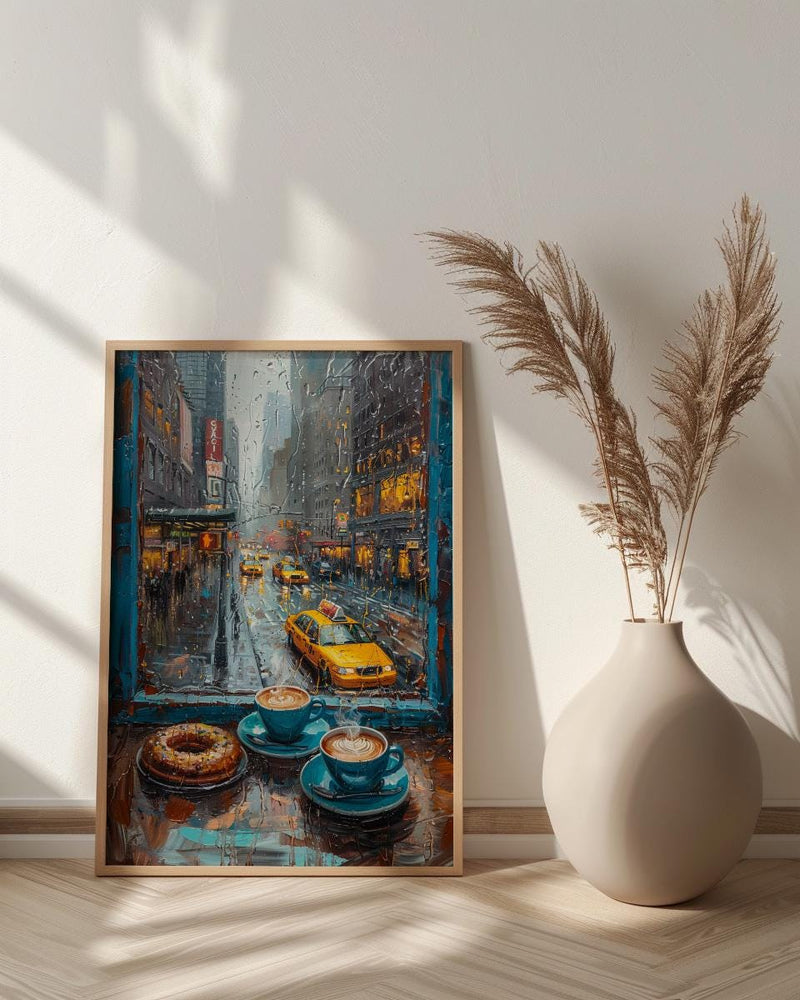 New York Wall Art, Open Window View, Rainy City Print, Coffee Shop Decor, NYC Skyline Painting, Fake Window