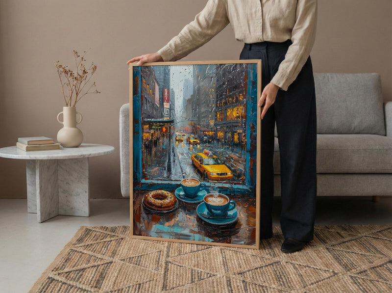 New York Wall Art, Open Window View, Rainy City Print, Coffee Shop Decor, NYC Skyline Painting, Fake Window