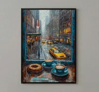 New York Wall Art, Open Window View, Rainy City Print, Coffee Shop Decor, NYC Skyline Painting, Fake Window