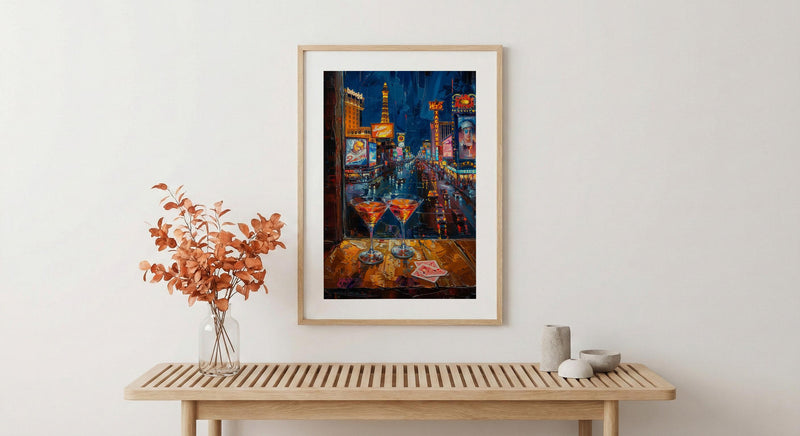 Las Vegas Wall Art, Open Window View, Neon Night City Print, Casino Bar Decor, Impasto Oil Painting