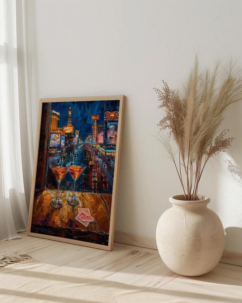 Las Vegas Wall Art, Open Window View, Neon Night City Print, Casino Bar Decor, Impasto Oil Painting