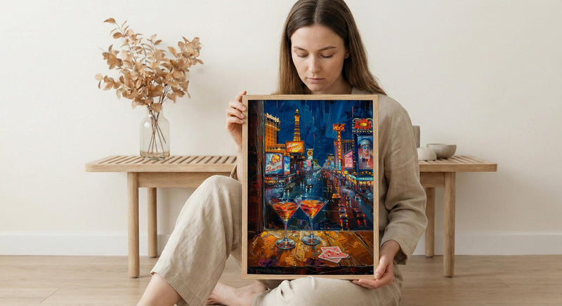 Las Vegas Wall Art, Open Window View, Neon Night City Print, Casino Bar Decor, Impasto Oil Painting