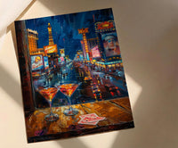 Las Vegas Wall Art, Open Window View, Neon Night City Print, Casino Bar Decor, Impasto Oil Painting